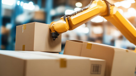 A robotic arm efficiently handles cardboard boxes in a contemporary warehouse setting, representing the advancements in automation and technology for logistics efficiency.の素材