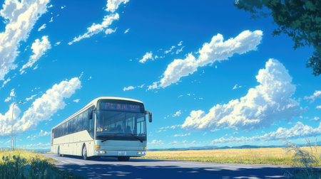 A serene scene featuring a bus navigating a winding road through golden fields, set against a vibrant blue sky filled with soft clouds, perfect for travel themes.の素材