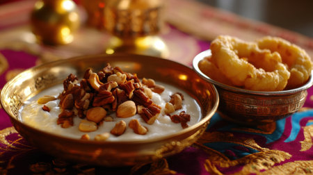Discover a delightful traditional Indian dessert featuring yogurt topped with a mix of crunchy nuts, paired with a sweet pastry, served on vibrant fabric.の素材