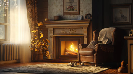Enjoy the warmth of a cozy living room featuring a charming fireplace, inviting armchair, autumn decor, and soft natural light creating a peaceful atmosphere.の素材