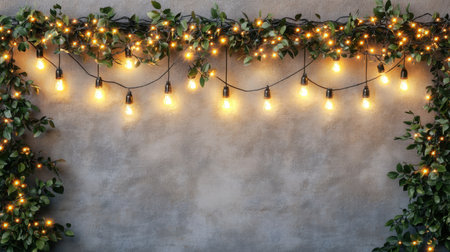 Charming fairy lights twinkle against a textured gray wall, framed by lush greenery, creating a warm and inviting ambiance perfect for any event or casual gathering.の素材