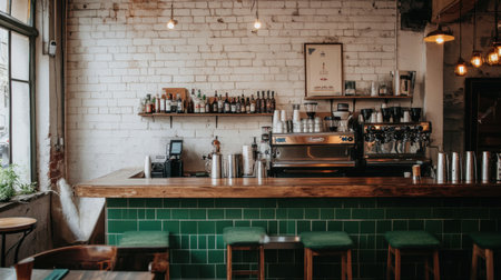 Discover a charming cafe interior with a wooden bar counter, stylish decor, warm lighting, and inviting atmosphere ideal for enjoying drinks and relaxing with friends.の素材