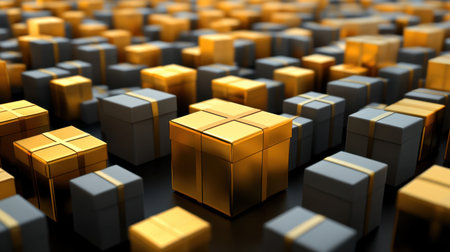 A captivating display of golden and silver gift boxes on a dark surface, creating a festive atmosphere ideal for holiday promotions or themed celebrations.の素材