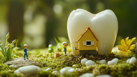 A charming scene depicting miniature figures diligently working on a small house next to a giant tooth in a vibrant outdoor environment filled with greenery and flowers.の素材