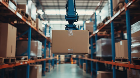 A robotic arm lifts a cardboard box inside a spacious warehouse filled with organized shelves, showcasing advanced automation in logistics and inventory management.の素材