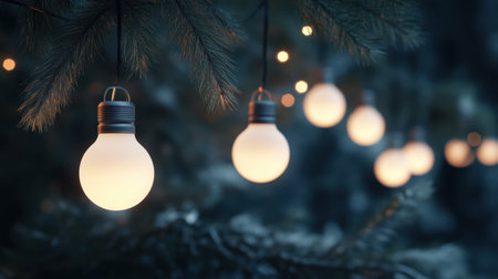 A tranquil scene featuring glowing string lights hung among evergreen branches, creating a cozy and inviting atmosphere perfect for festive gatherings and winter celebrations.の素材