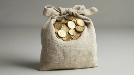 A burlap sack filled with gleaming golden coins offers a perfect representation of wealth and prosperity, ideal for financial themes in marketing or creative works.の素材