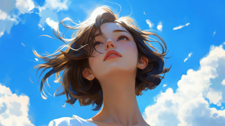 A captivating portrait of a young woman with flowing hair, gazing upwards against a stunning blue sky with fluffy clouds, embodying feelings of freedom and tranquility.の素材