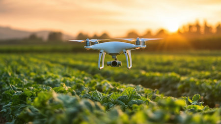 A stunning drone soars above lush green crops during a captivating sunset, showcasing the intersection of technology and agriculture in a vibrant natural landscape.の素材
