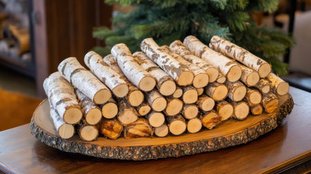Birch logs neatly stacked on a wooden tray create a warm and inviting atmosphere, perfect for rustic home decor and adding a natural touch to any interior setting.の素材