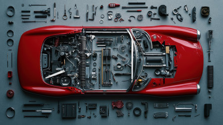 A striking overhead arrangement of a classic red sports car's components and tools, showcasing intricate details ideal for automotive design, repair, and appreciation.の素材