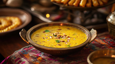 Indulge in a rich and creamy yellow lentil soup adorned with crispy peanuts and fresh herbs, beautifully presented on a vibrant textile backdrop, evoking warmth and comfort.の素材