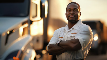 A confident truck driver stands in a serene parking lot during sunset, radiating professionalism and dedication, embodying the spirit of the transportation industry.の素材