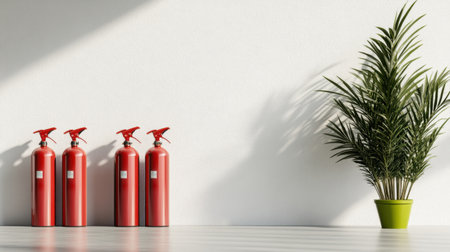 A clean and modern interior space featuring red fire extinguishers and a green potted plant, emphasizing safety and minimalist aesthetics in home or office design.の素材