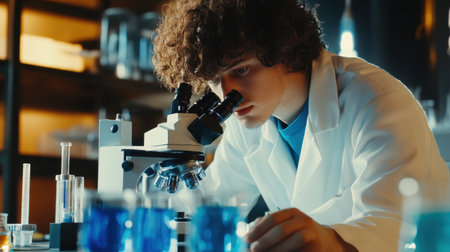A young male scientist carefully examines chemical samples under a microscope in a modern laboratory, surrounded by vibrant test tubes and scientific equipment.の素材