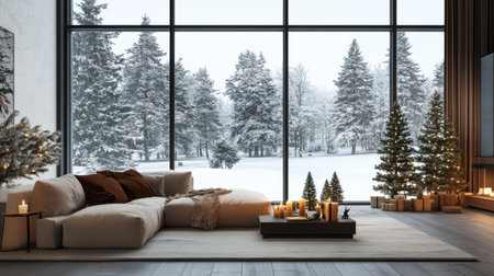 A warm and inviting living room featuring large windows that reveal a beautiful snowy landscape, adorned with festive decorations and cozy furnishings perfect for winter relaxation.の素材