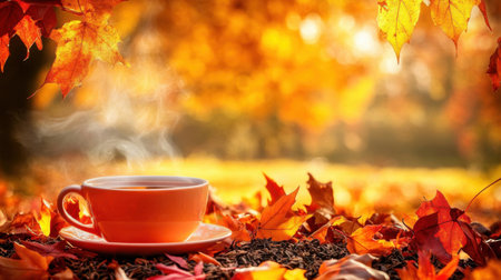 Experience the essence of autumn with a steaming cup of coffee nestled among vibrant fall leaves, creating a serene and inviting natural atmosphere perfect for relaxation.の素材