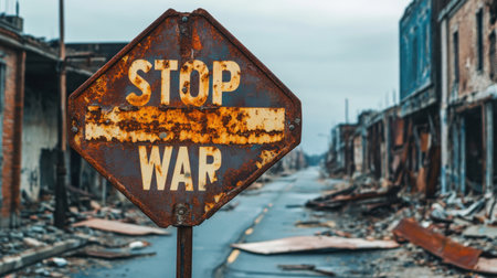 A striking image of a rusty stop sign declaring "Stop War" set against a haunting urban backdrop filled with destruction, showcasing the powerful message of peace amid ruins.の素材