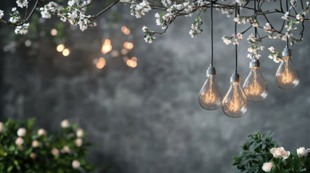 A beautiful arrangement featuring hanging Edison bulbs surrounded by delicate blossoms, creating a warm and inviting atmosphere perfect for home interiors or event decoration.の素材