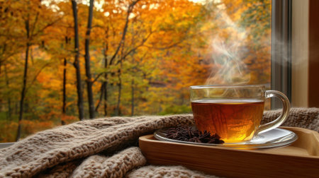 A peaceful indoor scene featuring a steaming cup of herbal tea on a wooden tray, surrounded by a cozy knit blanket, with vibrant autumn foliage visible through a sunny window.の素材