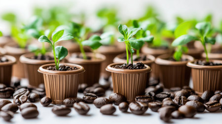 Vibrant green coffee seedlings sprout from small pots amidst scattered coffee beans, showcasing the harmonious relationship between cultivation and nature in sustainable practices.の素材
