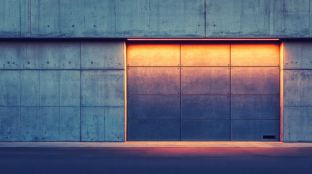 A modern industrial wall with a sleek concrete surface, featuring soft ambient light that beautifully highlights an entrance in a contemporary urban environment.の素材