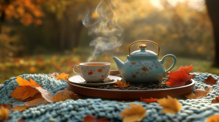 Enjoy a moment of tranquility with steaming tea served in a delicate cup beside an elegant teapot, set against a backdrop of vibrant autumn leaves on a cozy blanket.の素材