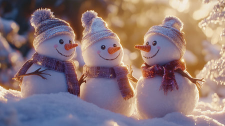 Delightful scene of three cheerful snowmen amid a snowy landscape, showcasing their playful nature with vibrant hats and scarves under gentle winter light.の素材