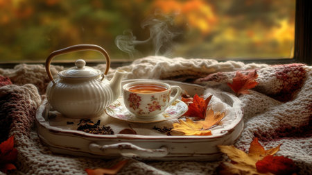A serene autumn scene featuring a steaming cup of tea on a decorative tray, surrounded by colorful leaves and a charming teapot, inviting warmth and relaxation.の素材