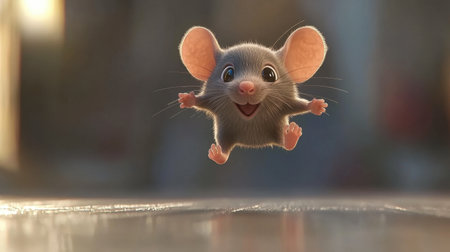 A lively and cheerful animated mouse character jumps with joy in a bright and colorful setting, making it perfect for childrenの素材