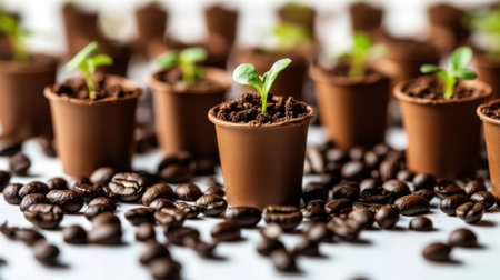 This image shows young green seedlings growing in small brown pots surrounded by scattered coffee beans, symbolizing nurture, growth, and a natural environment.の素材