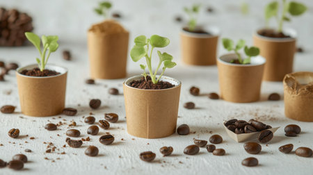 Green seedlings thrive in brown eco-friendly pots, surrounded by coffee beans, showcasing a blend of nature and sustainable gardening practices in a cozy setting.の素材