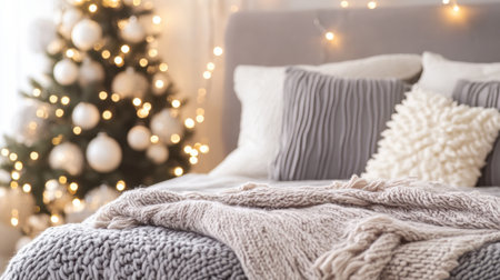 A beautifully arranged bedroom showcasing soft textiles and a festive Christmas tree adorned with twinkling lights, perfect for creating a cozy and inviting holiday atmosphere.の素材