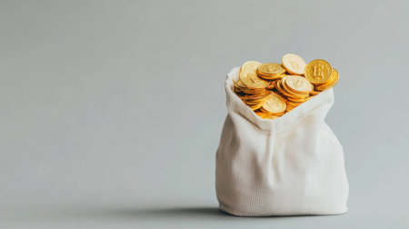This image showcases a white bag overflowing with golden coins, representing themes of wealth, investment, and financial growth in a modern context, ideal for various projects.の素材