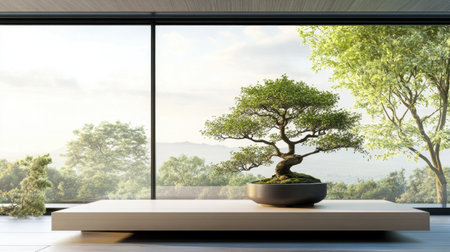 A tranquil indoor setting featuring a bonsai tree on a sleek table with a large window offering a breathtaking view of a vibrant green landscape, perfect for relaxation.の素材