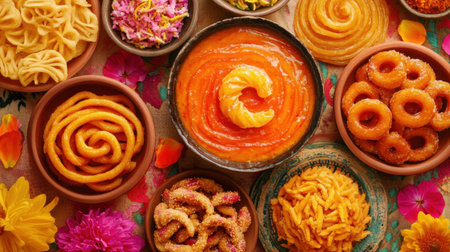A stunning array of traditional Indian sweets arranged in decorative bowls on a vibrant table, perfect for celebrating festivals and cultural occasions with family and friends.の素材