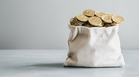 This image features a fabric bag filled with golden coins, representing wealth and prosperity. The minimalist backdrop enhances the focus on the enticing treasure inside the bag.の素材