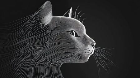 This striking line art illustration captures the profile of a cat, showcasing elegant contours and intricate detailing against a dark background, perfect for artistic projects.の素材