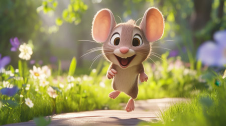 A charming cartoon mouse character runs joyfully through a colorful meadow filled with flowers, capturing a cheerful and playful moment in a vibrant forest setting.の素材