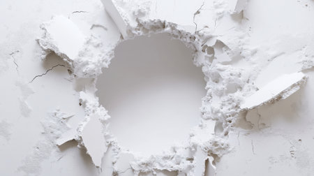 A large, round hole in a white wall reveals the empty space behind, showcasing intricate cracks and a textured surface, ideal for themes of damage and restoration.の素材