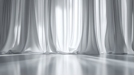 White curtains softly drape in a spacious room, letting in bright light and creating a serene ambiance with gentle shadows and reflections on the smooth floor.の素材