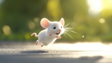 This charming animated mouse leaps joyfully in a vibrant natural setting, embodying playful energy, innocence, and a sense of adventure in a delightful moment.の素材