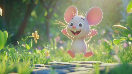 A delightful cartoon mouse leaps with joy in a sunny meadow filled with colorful flowers, embodying innocence and the spirit of adventure in a whimsical animated world.の素材