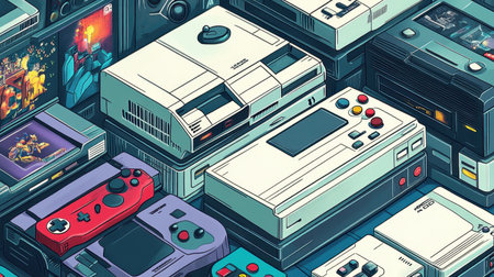Explore a vibrant collection of retro gaming consoles and controllers, showcasing colorful designs and iconic game art that evoke nostalgia and joy in every gaming enthusiast.の素材