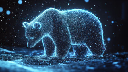A stunning digital representation of a bear in a wireframe design, showcasing an intricate mesh of glowing lines against a dark backdrop, merging wildlife with technology in a captivating art piece.の素材