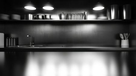 A sleek and modern kitchen interior featuring stainless steel appliances, minimalist design, and soft lighting, creating an elegant atmosphere for culinary activities.の素材