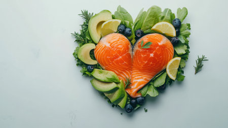 Delightful arrangement of fresh salmon steaks in heart shape surrounded by greens, avocado, lemon, and berries, perfect for healthy meals and romantic presentations.の素材