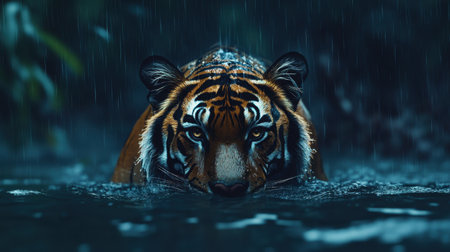 A striking image of a tiger wading through rain-drenched waters, with an intense gaze that embodies the wild spirit of nature. Perfect for wildlife enthusiasts and conservation themes.の素材