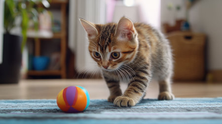 A young kitten explores a colorful toy on a soft rug in a bright room, showcasing its playful nature and curiosity in a cozy indoor environment full of warmth.の素材