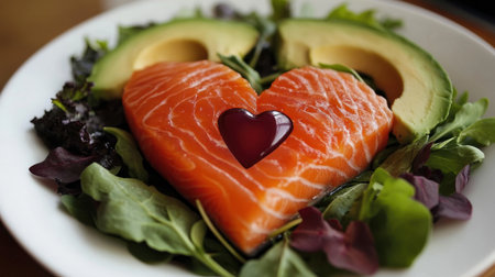 A vibrant heart-shaped salmon fillet sits on a bed of fresh leafy greens, adorned with avocado slices, enhancing a romantic and healthy dining experience.の素材